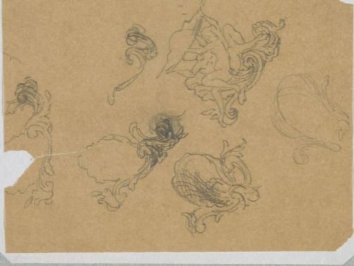 Design for a vase carried by two figures and five shell-shaped vases