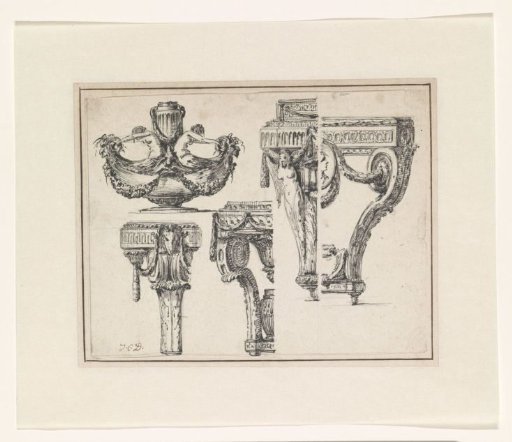 Two designs for tables, gueridons, a vase and a bowl on a foot