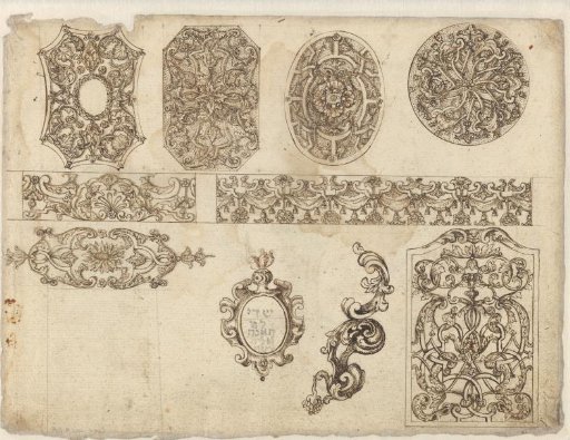 Study sheet with objects of goldsmith's art and ornamental patterns