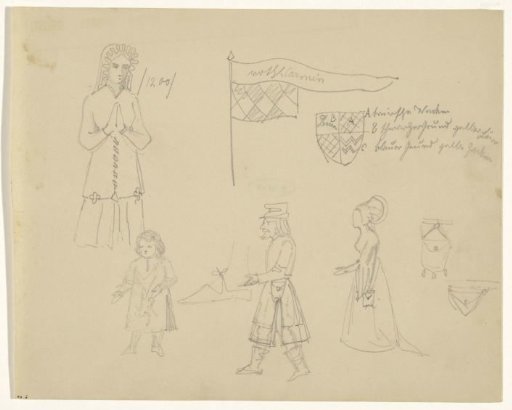 Figures in historical costumes, costume details, a banner and a coat of arms