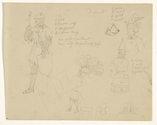 Knights and other figures in medieval costumes, and costume details