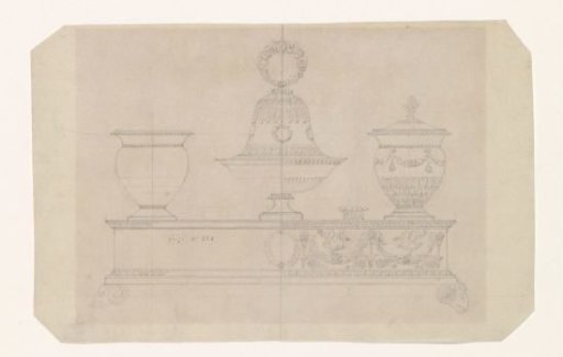 Design for an Inkstand with a Sandpot, a Bell on a Bowl-Shaped Foot, Penholders, and an Inkwell
