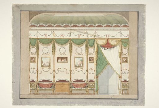 Design for a wall panel with paintings, draperies, and furniture