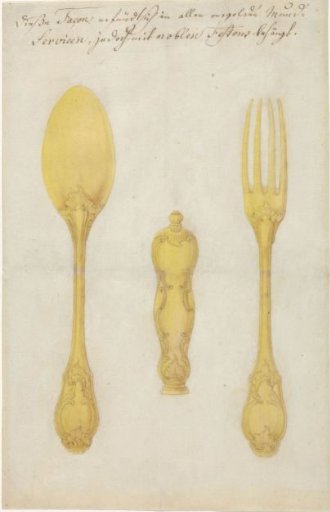 Gilded silver spoon, knife handle, and fork