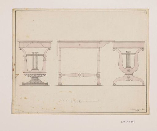 Design for the side and front of a table with lyre-shaped feet