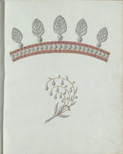 Two pieces of jewelry, the lower one in the shape of a branch