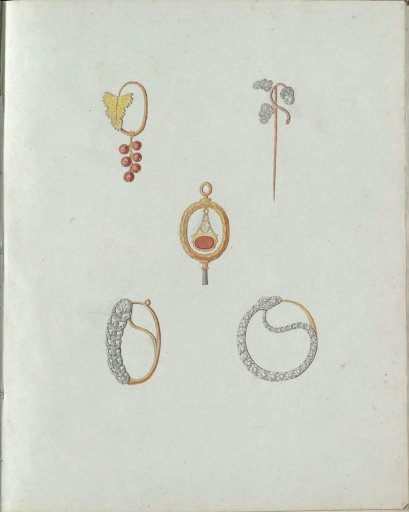 Five pieces of jewelry, one with a cluster of berries