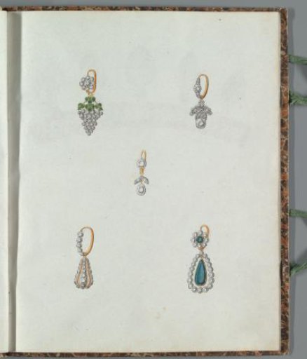 Five designs for earrings, one with a grape cluster