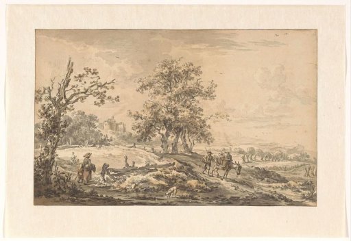 Woman with child and man with an ass in a landscape