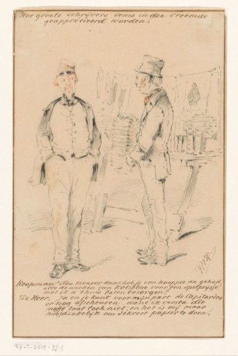 Bookseller with a customer before a bookstall