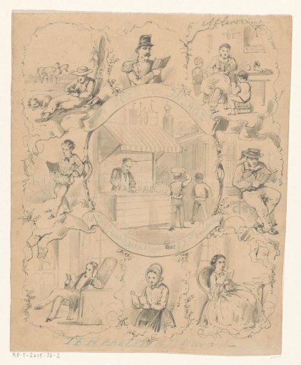 Bookstall at a market surrounded by eight scenes with reading figures