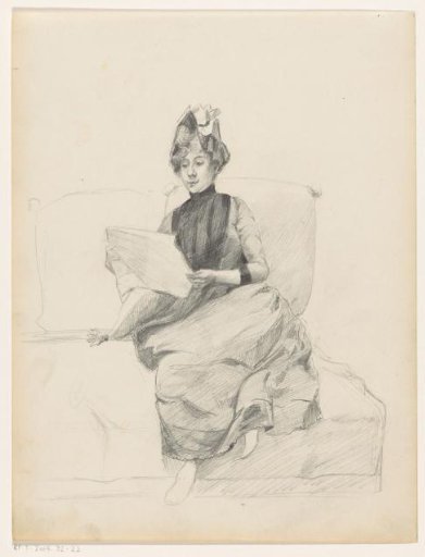 Woman on a bench, reading a newspaper or magazine