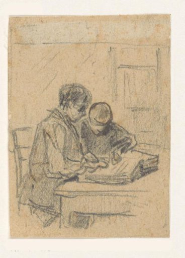 Two reading figures at a table