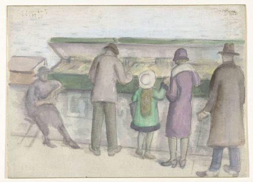 People before a bookstall on a quay