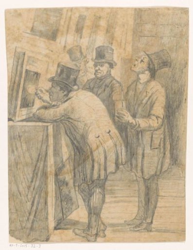 Man viewing a painting or print with a magnifying glass