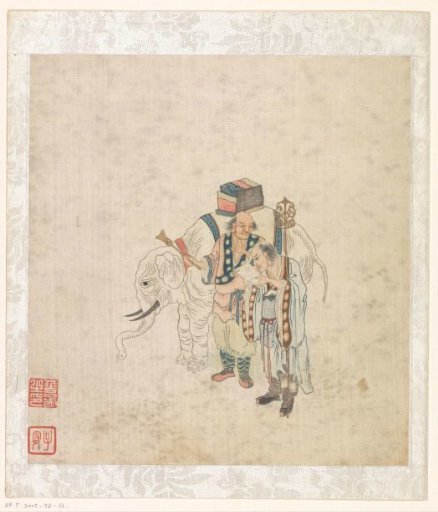 Two men beside an elephant with a stack of books on its back
