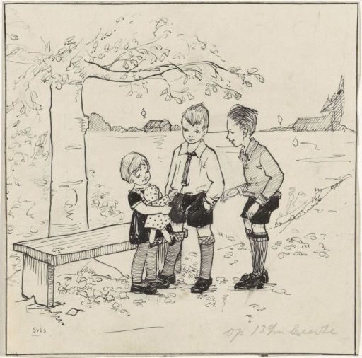 Girl with a doll and two boys by a tree