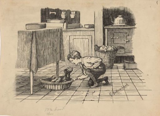Boy kneeling by a dog in a basket