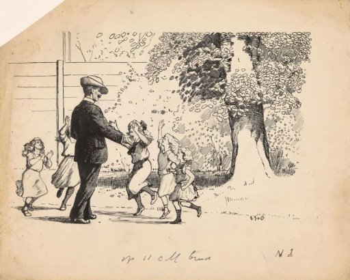 Five girls greeting a man with a hat