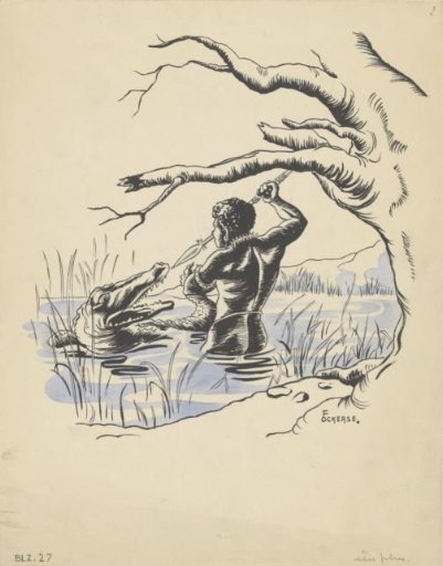 Hunter attacking a crocodile in a river