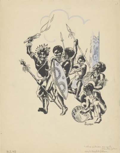New Guinea people dancing around a totem pole