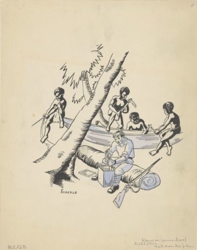 New Guinea Men Building a Canoe