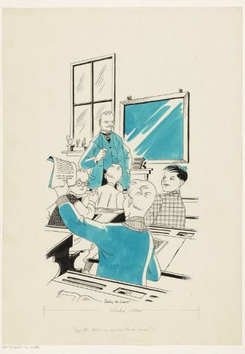 Dikkie holding up a newspaper in a classroom