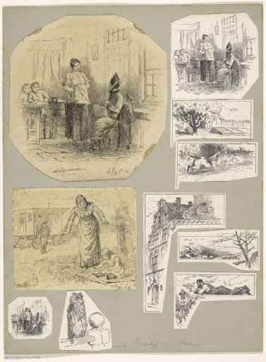 Interiors with figures, landscapes and a street scene