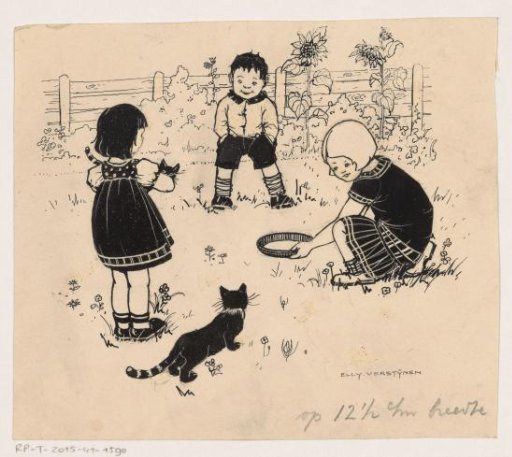 Children playing with cats in a garden