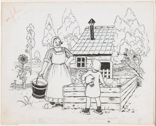 Peasant woman and girl by a pigsty