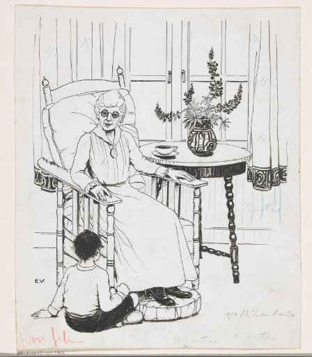 Seated boy beside an old woman in an armchair