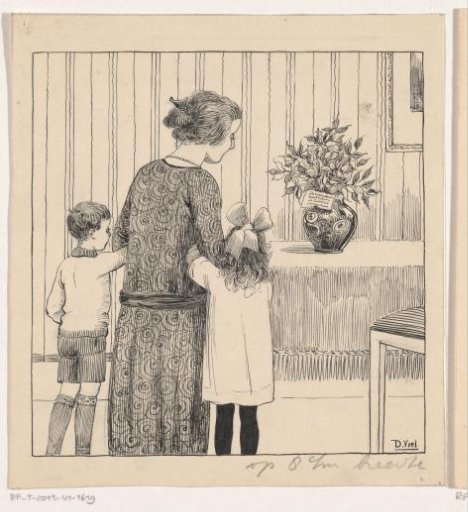 Huib, Zus and Moes looking at a bouquet of holly