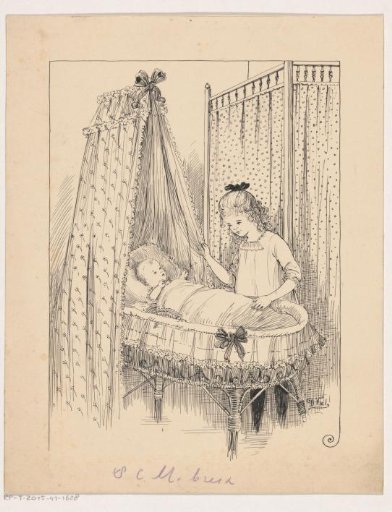 Girl with a baby in a cradle