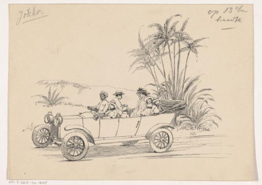 Family drives in a car through a tropical landscape