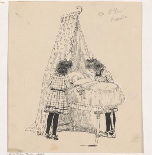 Two Girls with a Baby in a Cradle