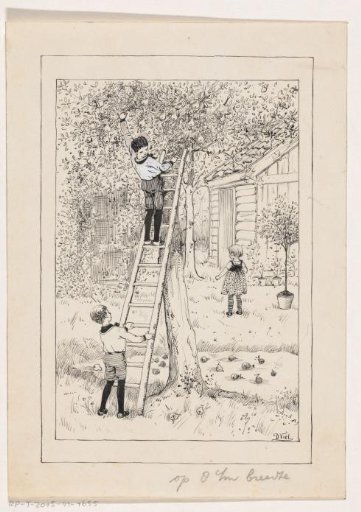 Two boys picking pears