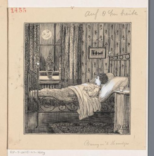 Boy looking at the moon from bed