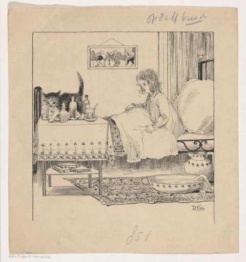 Girl looking at a cat from bed