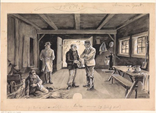Men conversing in a barn