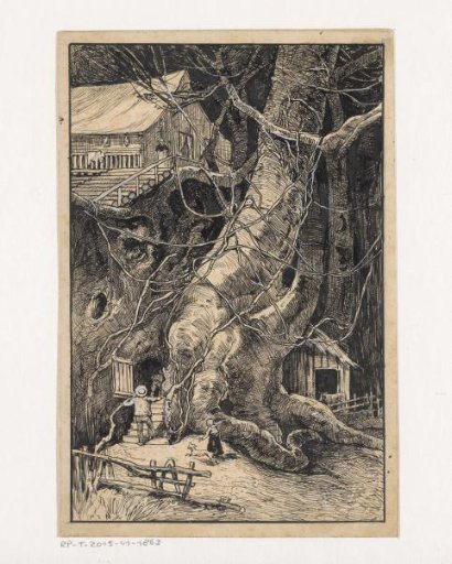 Miniature house against a tree