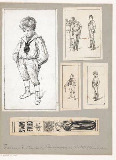 Designs for a book spine and illustrations for: F.W. Farrar, St. Wimfried of de schoolwereld, 1894