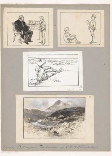 Three Scenes with Boys and a Mountain Landscape