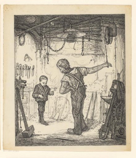 Boy and chained man in a workshop