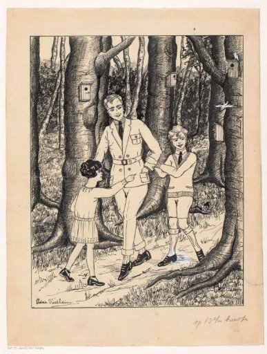 Man and children on a forest path