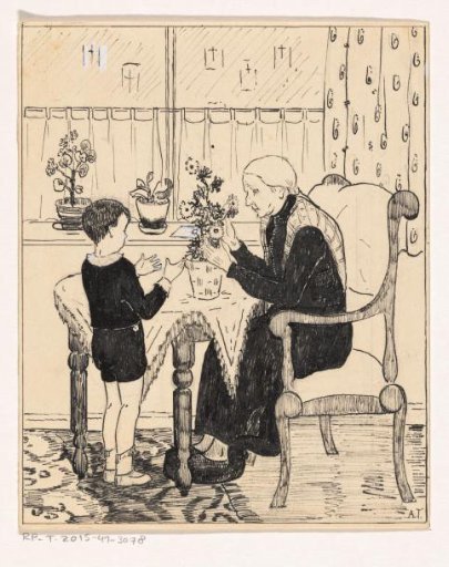 Old woman arranging a bouquet