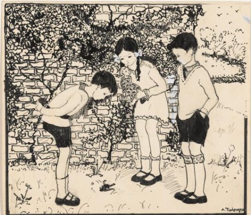 Three children looking at a fallen bird