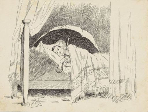 Boy with an umbrella in a bed
