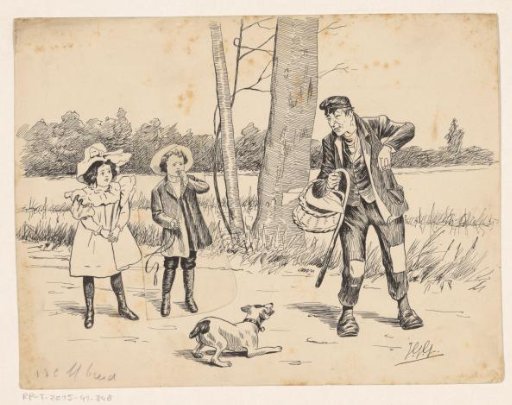 Two children looking fearfully at a man and a dog