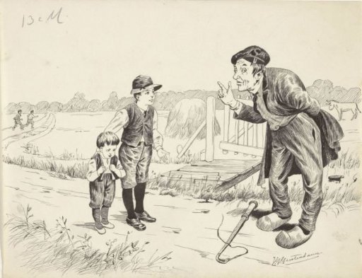 Man gesturing towards two boys in a landscape