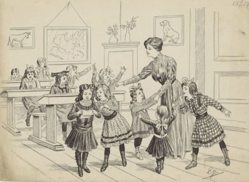 Schoolroom with girls and a schoolmistress